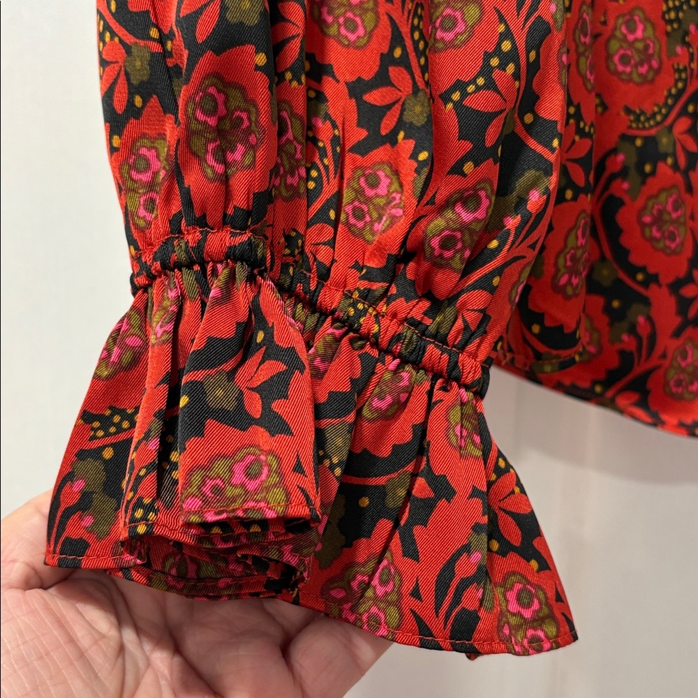 1. State Scarlet and Ebony Patterned Ruffle Blouse - Picture 4 of 13